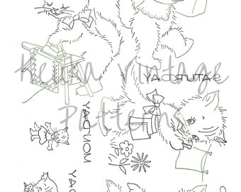 Vintage Kitten Embroidery Designs: Tea Towel Designs for Transfer (PDF Download)