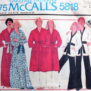 May include: Vintage McCall's 5818 sewing pattern for robes, jackets, and pants. The pattern features illustrations of various robe and jacket styles in red, white, and black. The pattern includes the text "QUICK & EASY" and "LARGE" size.