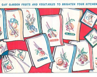 Disegni da ricamo per cucina vintage: disegni per strofinacci con frutta e verdura da trasferire (download PDF)