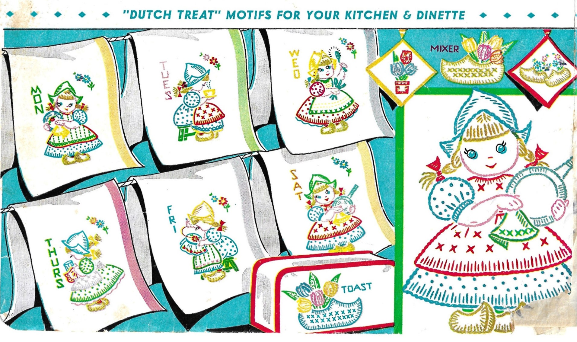 Dutch Girl Embroidery Designs: Vintage Kitchen Tea Towel Designs for Transfer (PDF Download)