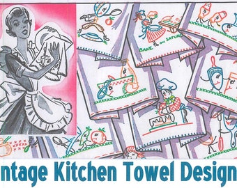 Disegni da ricamo per cucina vintage, trasferimento a caldo su strofinacci (download PDF)