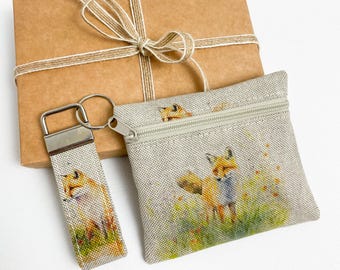 Fox Gift Set: Handmade Linen Coin Purse and Keyring