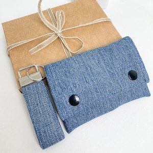 Conjunto de regalo de billetera de mezclilla reciclado, billetera de bolsillo, ideal para efectivo y tarjetas, titular de la tarjeta, llavero, regalos del día de las madres para la abuela niñera,