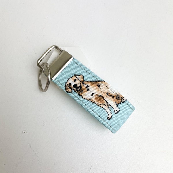 Golden retriever print fabric key fob, yellow labrador key ring, Dog keyring, Handmade gift for Dog lover, Teacher, stocking filler, blue.