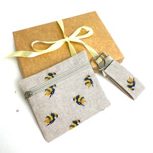 Bee Coin Purse & Keyring Set: Linen Effect Fabric, Nature Lover Gift
