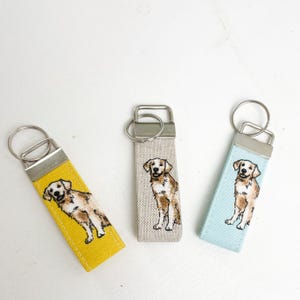 May include: Three keychains featuring a golden retriever design. The keychains are displayed against a white background. The keychains are yellow, beige, and light blue.