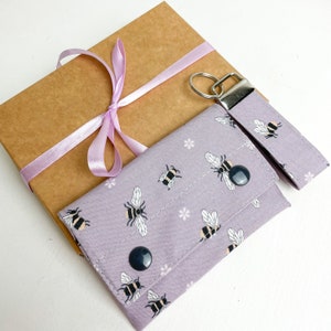 Handmade Bee print Card wallet and keyring set, Teacher gift for her, Bee lover gifts, gift set, Bee gifts  for women, world bee day.