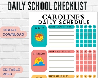 May include: A printable daily schedule checklist for kids with a colorful design featuring a sun, a sun with a cloud, and a moon and stars. The checklist includes sections for before school, after school, and before bed. Each section has a space for writing tasks and a grid for checking off tasks each day of the week.