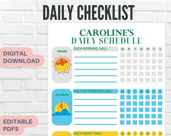 May include: A printable daily schedule checklist for Caroline. The checklist is divided into three sections: morning, afternoon, and night. Each section has a space for writing tasks and a grid for checking off tasks for each day of the week. The morning section has a yellow sun icon, the afternoon section has a blue sky with a sun icon, and the night section has a yellow moon and stars icon.