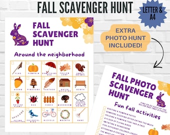 Fall scavenger hunt, fun games for kids, outdoor treasure hunt, neighborhood scavenger hunt, fall activities printable, family games print