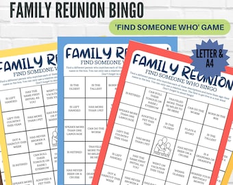 Family reunion bingo games, find someone who bingo, ice breaker games, printable bingo cards, family activities, family reunion games