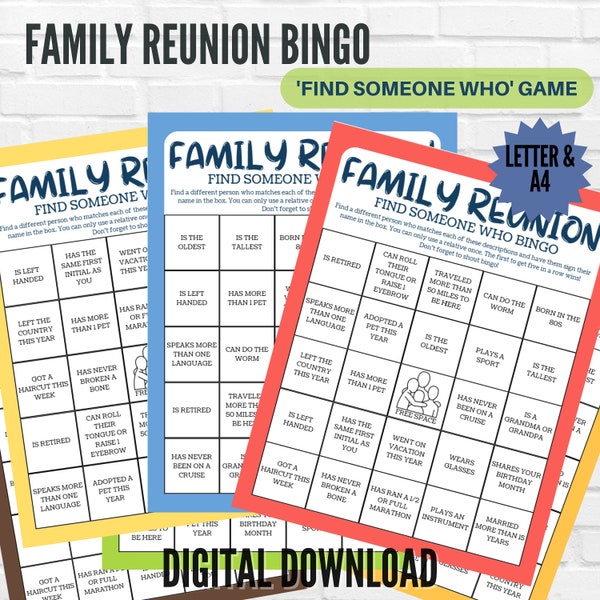 Family reunion bingo games, find someone who bingo, ice breaker games, printable bingo cards, family activities, family reunion games