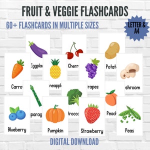 Flashcard di frutta, flashcard di verdure per bambini, stampabili educativi, risorse per insegnanti, carte di nomenclatura, montessori stampabili, digitale