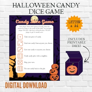 Halloween dice games for kids, Halloween party game, Halloween activities for kids, kids party games, Halloween party games printable, candy