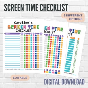 lista de verificación de tiempo frente a la pantalla, tabla de tareas de tiempo frente a la pantalla, tabla de tareas para niños imprimible, planificador editable, tabla de tareas editable para niños, tabla de recompensas