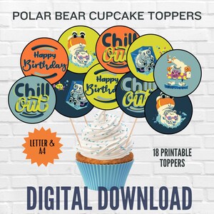 Cupcake toppers printable, polar bear party, winter birthday decor, party theme for kids, pool party birthday cake topper, birthday cupcake
