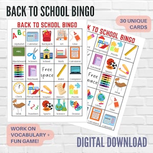 Back to school games printable, printable bingo, back to school bingo, learning games, school games, printable games for kids, vocabulary