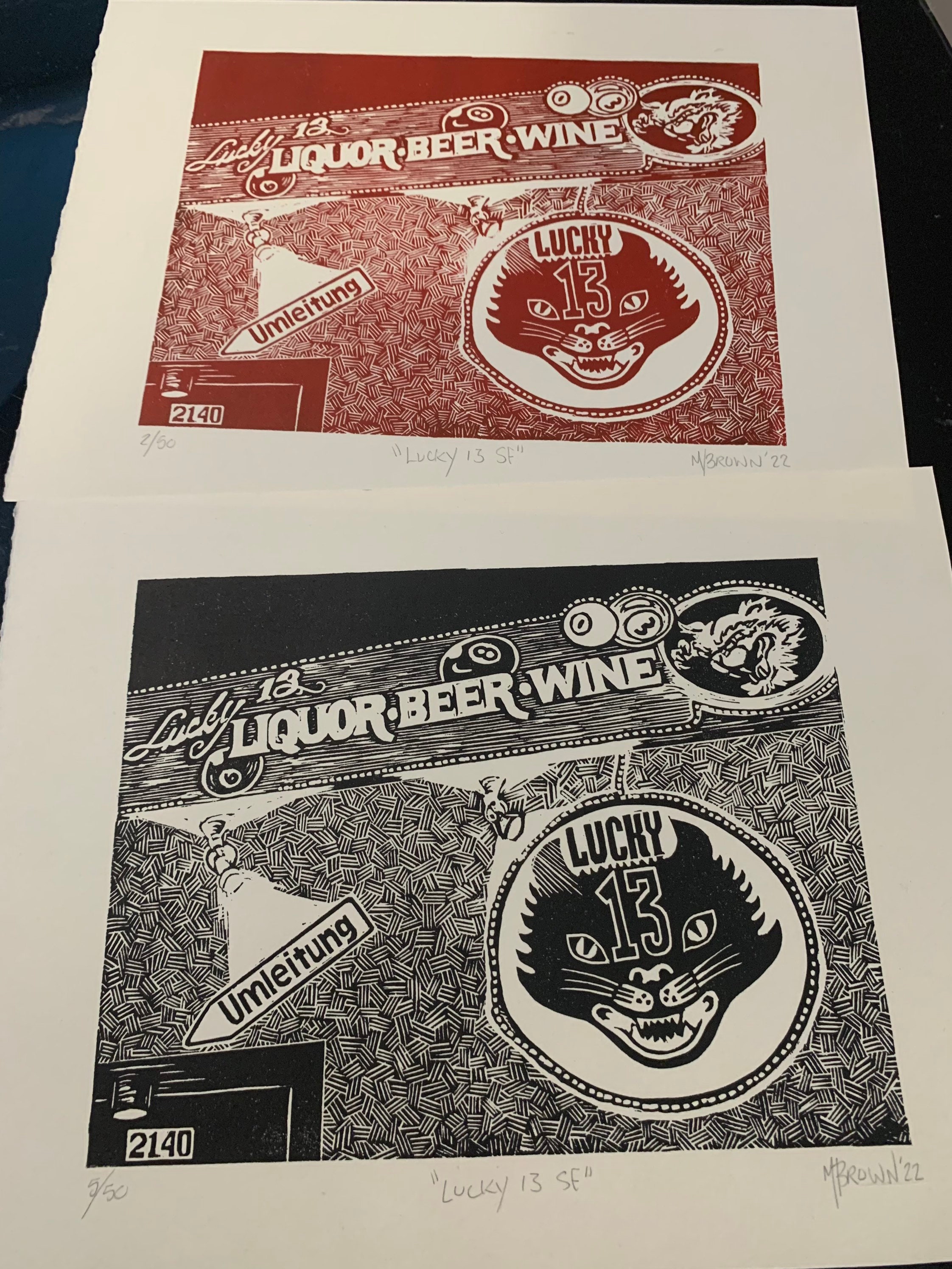 Lucky 13 SF- Original Linocut, Handprinted , Dive Bar, San Francisco ...