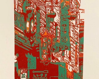 Li Po Lounge SF- original linocut, handprinted , San Francisco, dive bar, Victorian architecture, cityscape