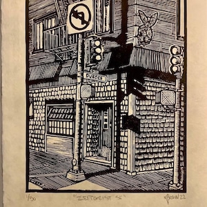 Zeitgeist SF- Artist Proofs- original linocut, handprinted, dive bar, San Francisco, classic signage, cityscape