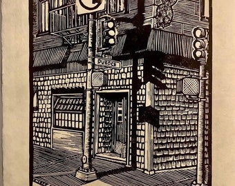 Zeitgeist SF- original linocut, handprinted, dive bar, San Francisco, classic signage, cityscape