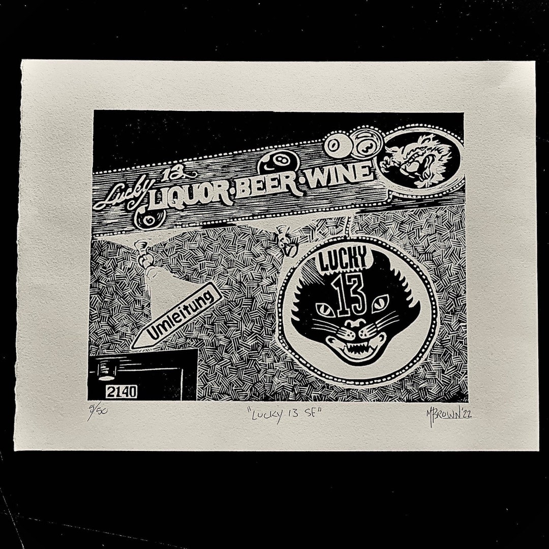Lucky 13 SF- Original Linocut, Handprinted , Dive Bar, San Francisco ...