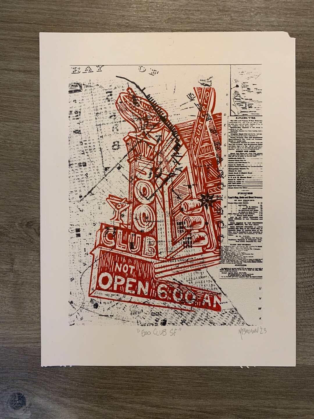 500 Cub SF- Original Linocut, Handprinted, Dive Bar, San Francisco ...