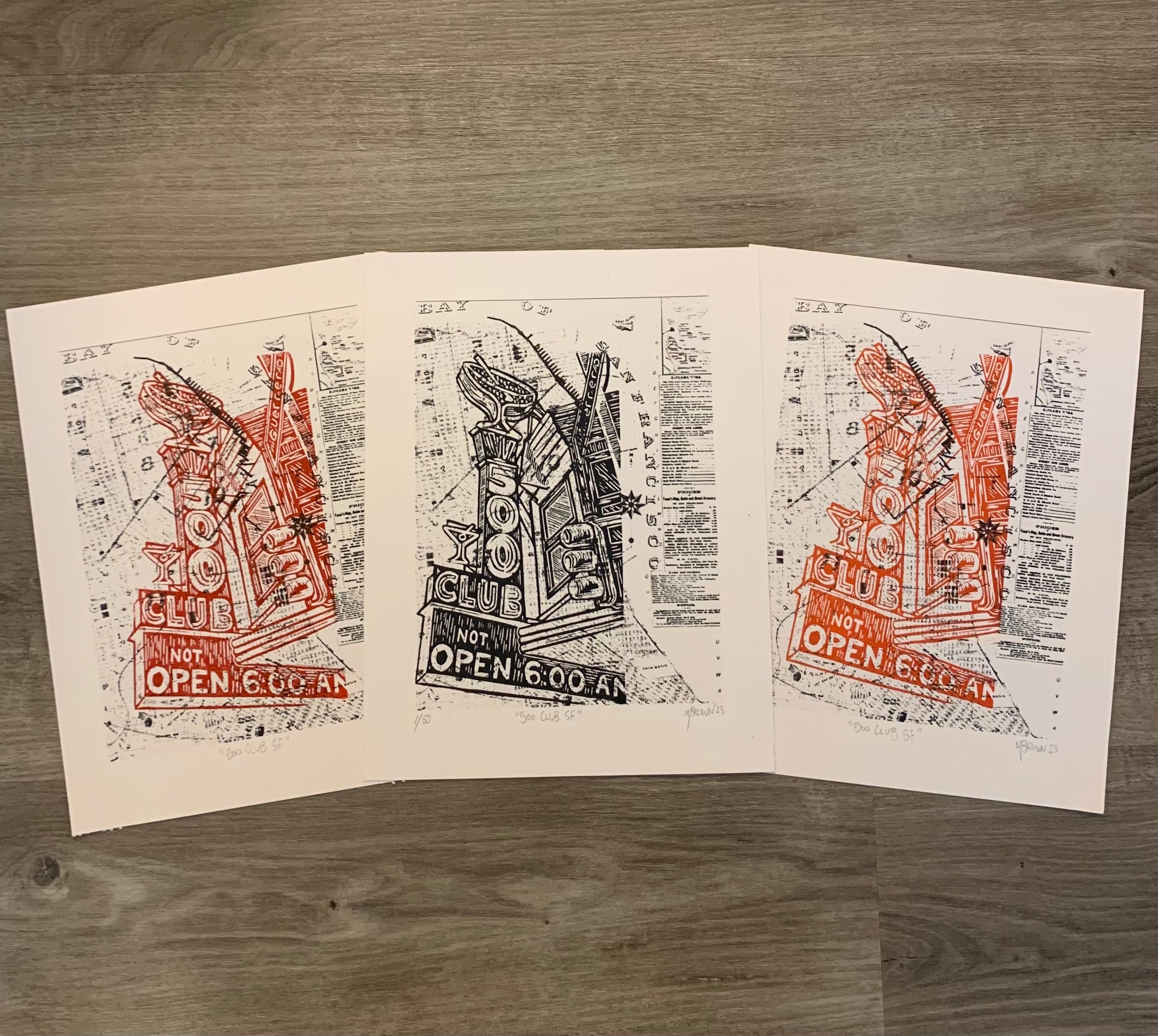 500 Cub SF- Original Linocut, Handprinted, Dive Bar, San Francisco ...