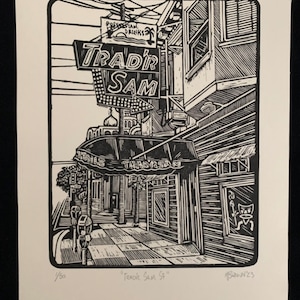 Trad’r Sam SF- original linocut, handprinted, dive bar, San Francisco, classic signage, Victorian architecture, tiki, cityscape