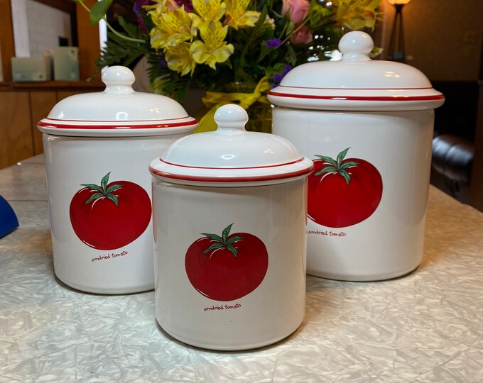 Vintage Kitchen Tomato Canisters, Over and Back Portugal Set of 3