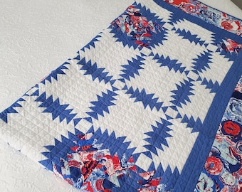 Modern Twist on Traditional Quilt Design, Blue Red and White Modern Quilt