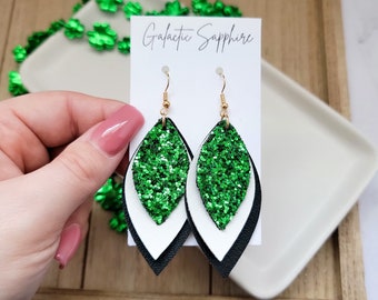 St Patrick's Day Faux Leather Earrings | Green Glitter and Black Accessories | Green Dangles