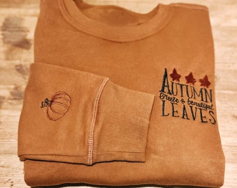 Geborduurd herfstsweater, herfstbladeren en pompoen, zachte ronde hals
