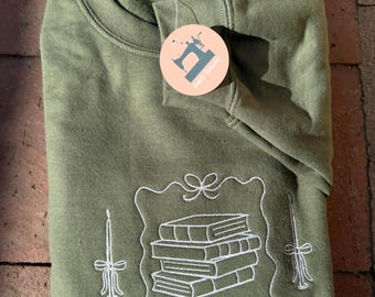 Embroidered Book Stack Sweatshirt, Cozy Book Lover Crewneck, Reader Gift