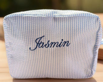 Personalized Seersucker Striped Cosmetic Bag with Embroidered Name
