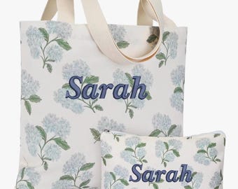 Personalized Floral Hydrangea Tote Bag & Cosmetic Pouch Set