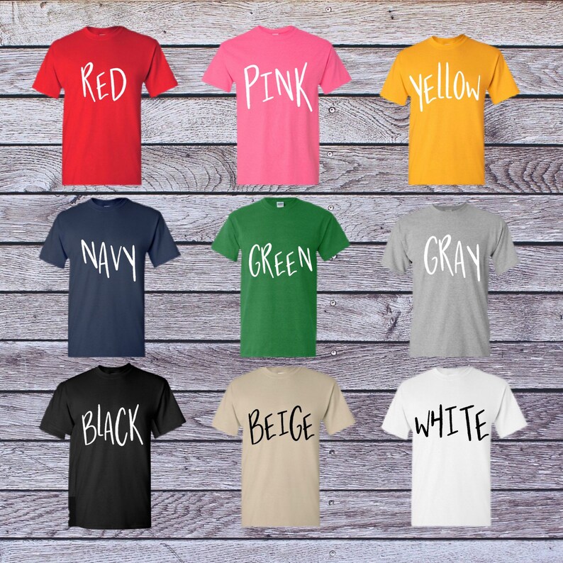 May include: Nine t-shirts in different colors, each with a single color word printed on the front in white: red, pink, yellow, navy, green, gray, black, beige, and white.