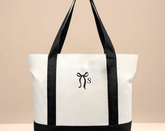 Custom Embroidered Initial Bow Tote Bag, Personalized Monogram Canvas Tote