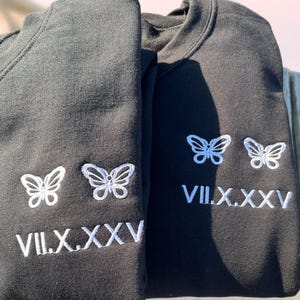 Anniversary sweater, butterfly sweatshirt, custom butterfly sweater, custom date sweater, personalized date shirt, roman numeral embroidered