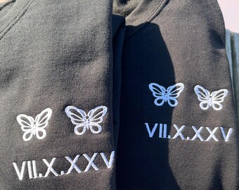 Anniversary sweater, butterfly sweatshirt, custom butterfly sweater, custom date sweater, personalized date shirt, roman numeral embroidered