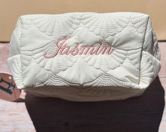 Personalized Quilted Makeup Bag, Custom Name Cosmetic Pouch