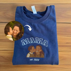 Custom MAMA Sweatshirt with Embroidered Photo | Personalized Cartoon Portrait Embroidery | Mother’s Day Gift | Custom Text & Colors
