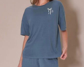 Custom Embroidered Initial Bamboo Lounge Set, Soft Pajama Set with Ribbon Monogram