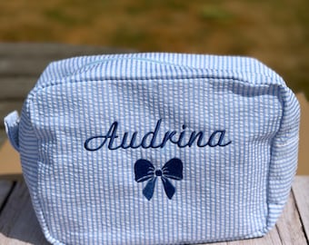 Personalized Seersucker Cosmetic Bag with Embroidered Name & Bow