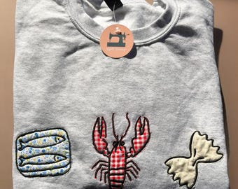 Coastal Foodie Lobster Sardine Pasta Seafood Crewneck Embroidered & Appliqué Sweatshirt