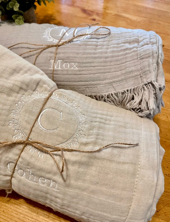 Custom throw blanket, organic muslin blanket, blanket with message, personalized blanket, monogrammed throw, embroidered blanket, custom
