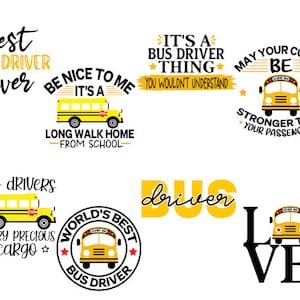 Puede incluir: Un conjunto de 10 dise&ntilde;os imprimibles con autobuses escolares amarillos y texto relacionado con los conductores de autob&uacute;s. El texto incluye frases como "Mejor conductor de autob&uacute;s de todos los tiempos", "Es una cosa de conductor de autob&uacute;s", "Que tu caf&eacute; sea m&aacute;s fuerte que tus pasajeros", "S&eacute; amable conmigo, es una larga caminata a casa desde la escuela", "Los conductores de autob&uacute;s transportan carga preciosa", "Mejor conductor de autob&uacute;s del mundo", y "Conductor de autob&uacute;s".