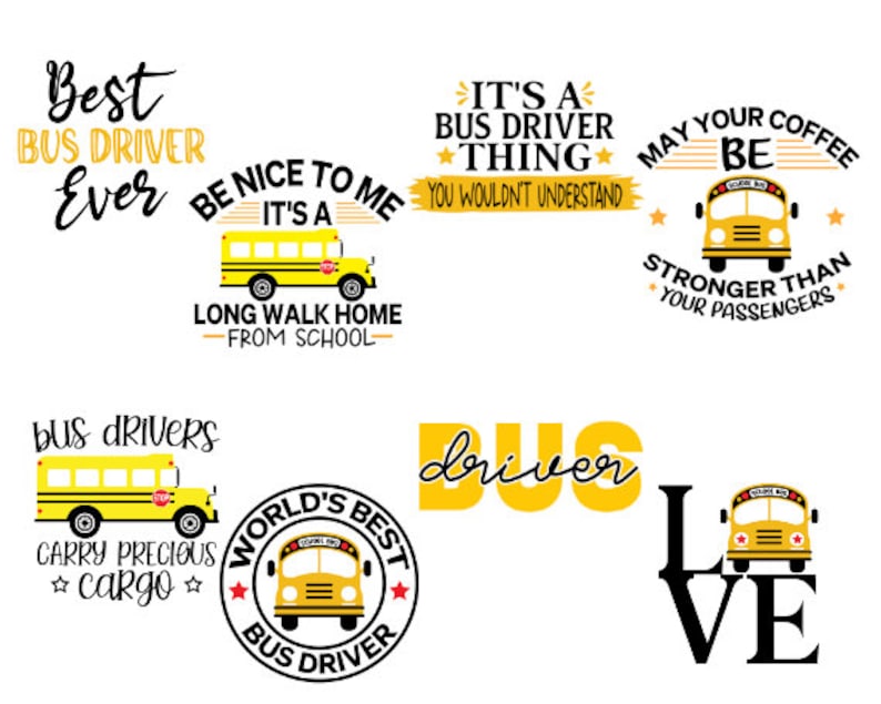 Puede incluir: Un conjunto de 10 dise&ntilde;os imprimibles con autobuses escolares amarillos y texto relacionado con los conductores de autob&uacute;s. El texto incluye frases como "Mejor conductor de autob&uacute;s de todos los tiempos", "Es una cosa de conductor de autob&uacute;s", "Que tu caf&eacute; sea m&aacute;s fuerte que tus pasajeros", "S&eacute; amable conmigo, es una larga caminata a casa desde la escuela", "Los conductores de autob&uacute;s transportan carga preciosa", "Mejor conductor de autob&uacute;s del mundo", y "Conductor de autob&uacute;s".