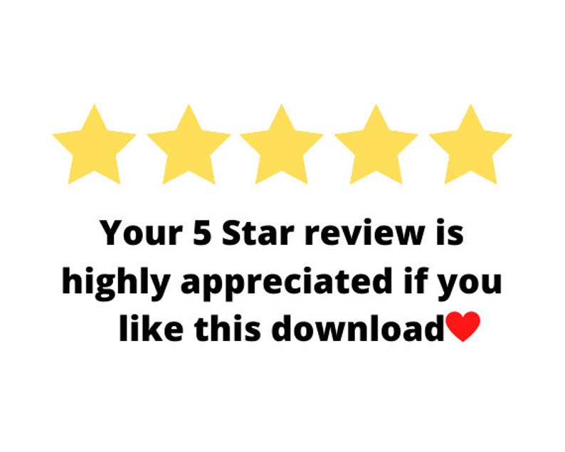 Puede incluir: Cinco estrellas amarillas con un coraz&oacute;n rojo y el texto "Su rese&ntilde;a de 5 estrellas es muy apreciada si le gusta esta descarga"