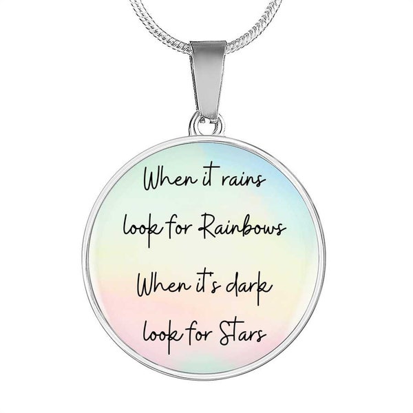 Inspiring saying necklace, rain & rainbows, pendant, positive words, gift for her, friendship jewelry, handmade